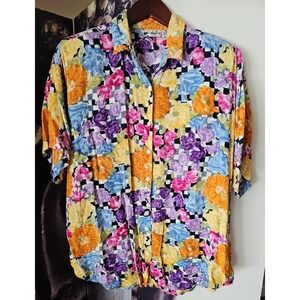 Vintage‎ Jane Ashley 100% Rayon Shirt Women Medium Boxy Artsy Retro Punk 90's
